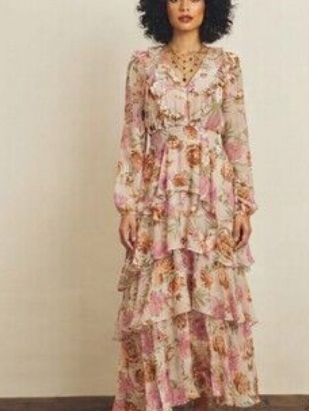 Dress Forum Long Sleeve Ruffle Tiered Floral Midi Maxi Dress Size Small Prairie